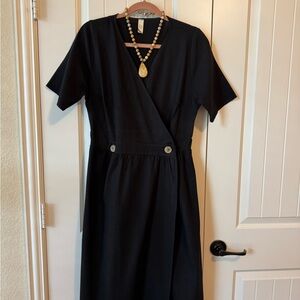 Flamingo Black Linen Buttoned Wrap Midi Dress